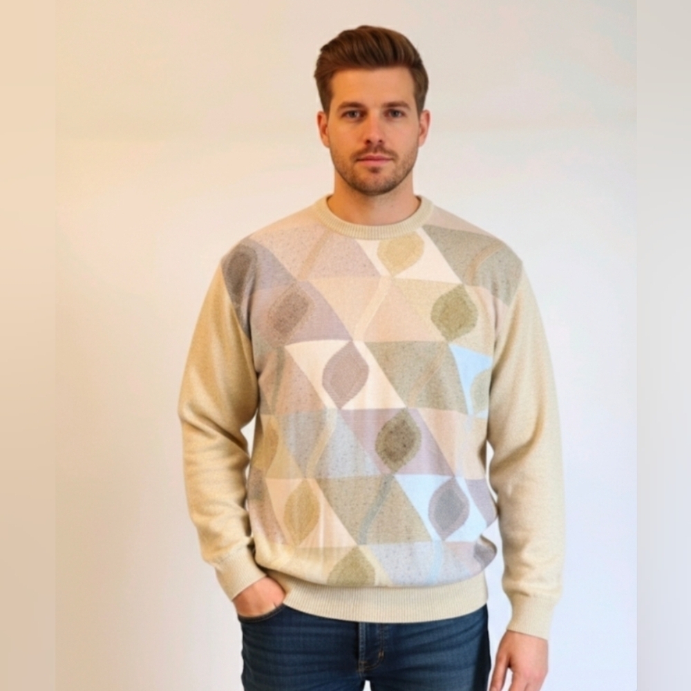 St. Croix Knits Men's Pastel Sweater Size Large Geometric Print Muted Yellow